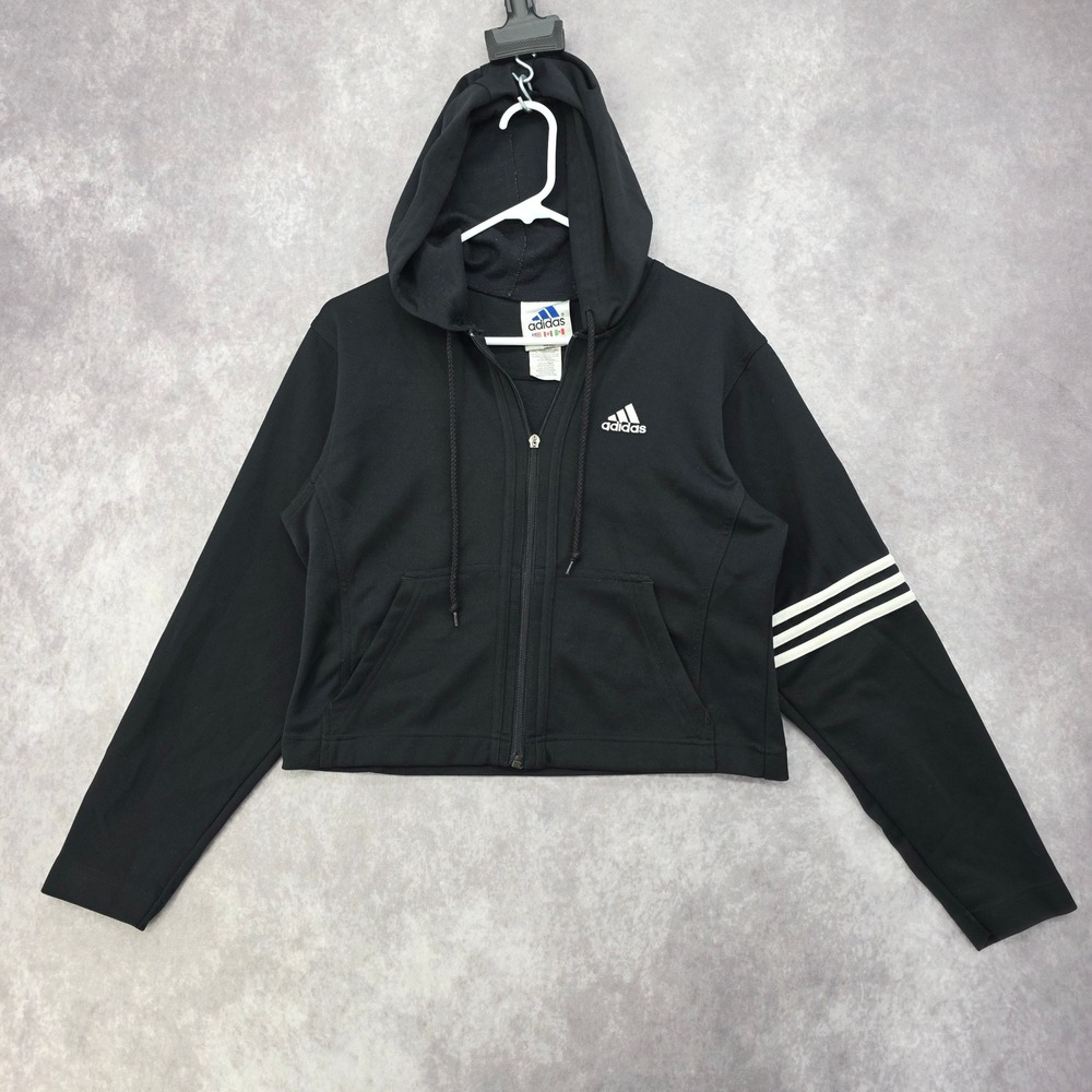 Vintage Adidas Black Cropped Full Zip Track Jacket Hoodie Womens  M Three Stripe